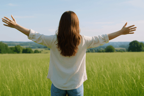 広大な草原で両腕を広げる